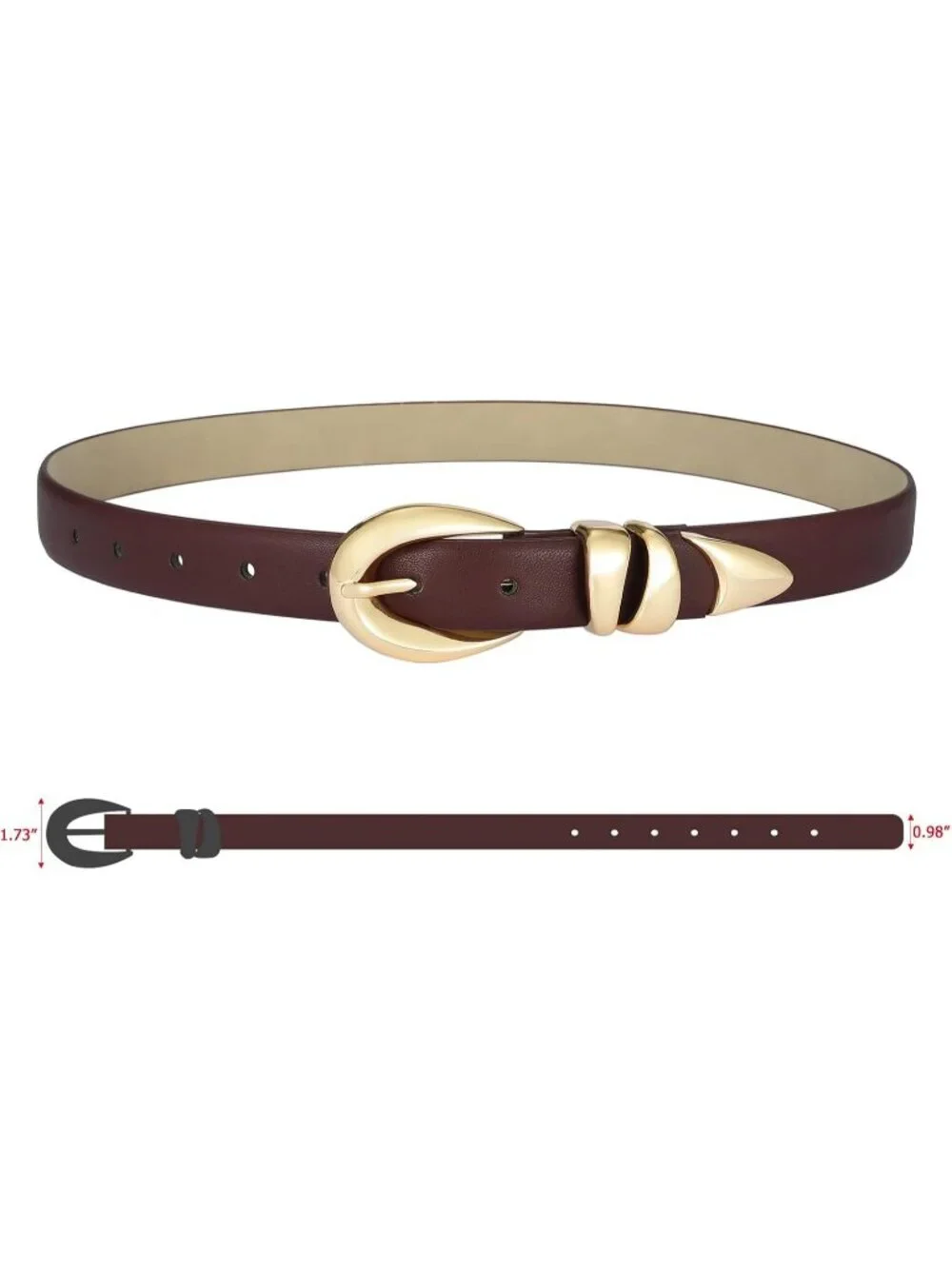 Women's Burgundy Leather Adjustable Waist Belt For Jeans With Gold Buckle